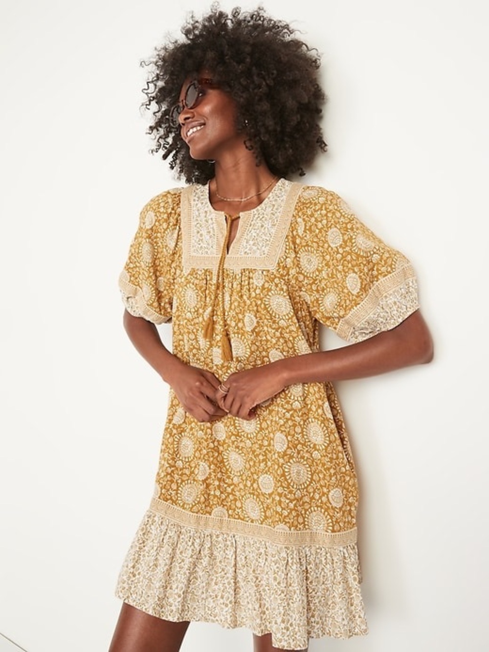 Old Navy Mustard Floral Block Print Tassel Mini Dress S Boho Cottagecore Prairie